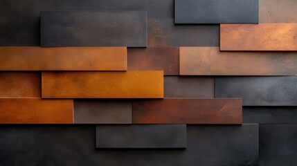 A series of overlapping rectangular panels in copper, orange, and brown tones create an abstract geometric design, emphasizing modern artistic aesthetics.