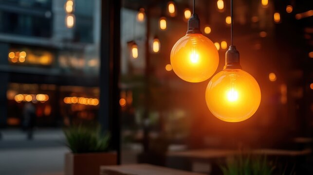 Two warm orange glowing bulbs hang prominently, providing a cozy atmosphere against a backdrop of blurred urban lights and modern architectural elements.
