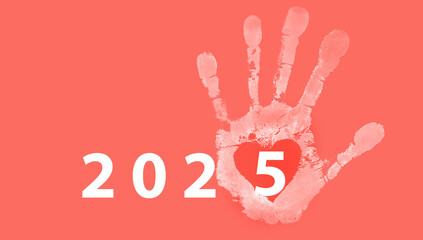 2025 year logo with palm imprint and heart on pink background