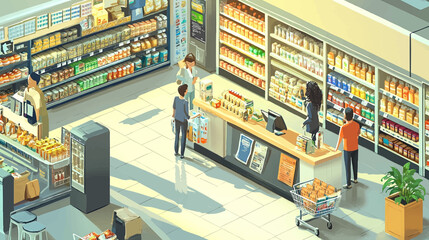 Isometric grocery market interior, supermarket showcase and checkout counter. Grocery store customers trolleys and goods shelves vector illustration. Supermarket interior shop isometric.