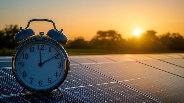 A clock positioned on solar panels at sunset, symbolizing renewable energy and time management in modern technology.