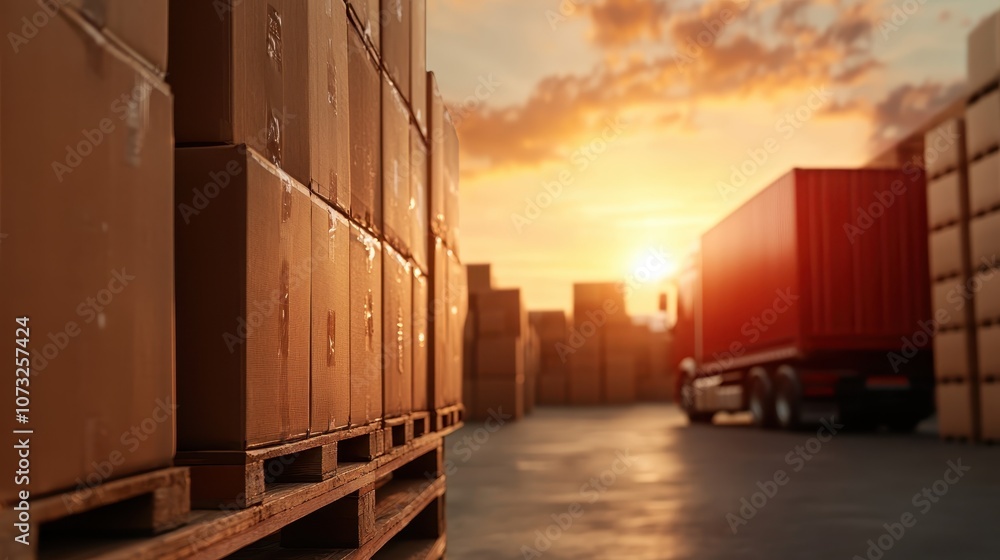 Poster the image displays a large warehouse with neatly stacked boxes on pallets, indicating a high-volume 