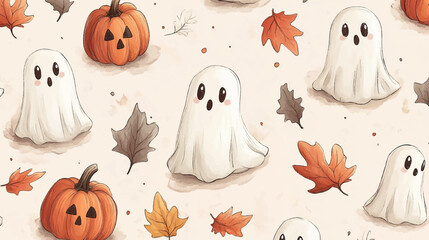 Happy halloween party seamless pattern background with cute ghost, spooky pumpkin and leaves autumn. Vector illustration holidays cartoon character.