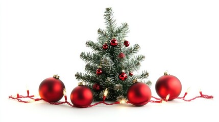 Naklejka premium Christmas baubles and fairy lights wrapped around a small Christmas tree on a simple white background