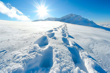 footprints in the snow, a walk in the mountains in winter on a sunny day