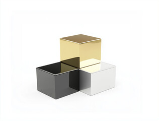 Obraz premium Multicolored gold, silver, black podium trio attached reflective, isolated on white background