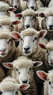 Close-up of a flock of sheep with attention on central sheep, pastoral theme. Agriculture and rural life concept