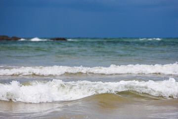 Storm waves on empty sea beach, background for travel and vacation
