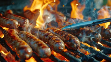 Grilled Sausages on a Barbecue Grill with Flames
