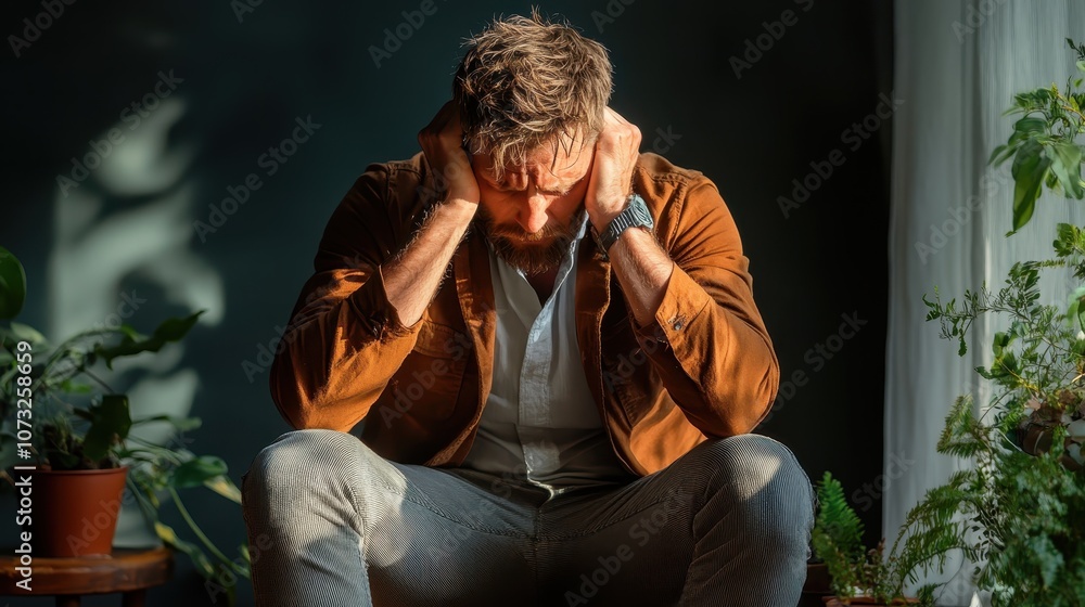 Poster emotionally charged indoor portrait of a man in an introspective pose, as natural light filters thro