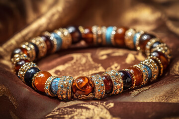 Elegant beaded bracelet with intricate gold accents on a luxurious brown fabric background, showcasing a mix of rich colors and detailed craftsmanship.