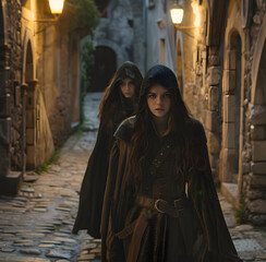A photo of an attractive female in medieval , wearing leather armor and a cloak with the hood up, walking down a dark stone alleyway at night, Generative AI