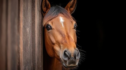 A curious horse with a shiny brown coat looks inquisitively through a wooden stable door, symbolizing curiosity, innocence, and natural beauty.