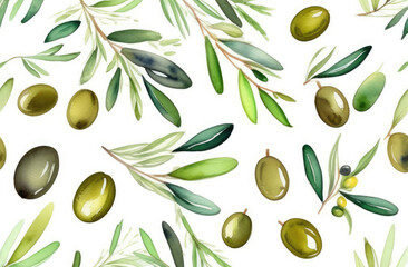 watercolor pattern of green olives and leaves on white background, delicate illustration of natural motif