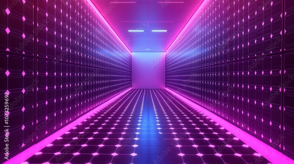 Poster a futuristic hallway illuminated with vibrant neon lights, creating a surreal and dynamic visual exp