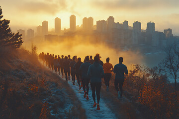A group of friends jogging together in the morning, capturing a vibrant and energetic atmosphere, promoting an active and healthy lifestyle, perfect for motivational and inspiring content.
