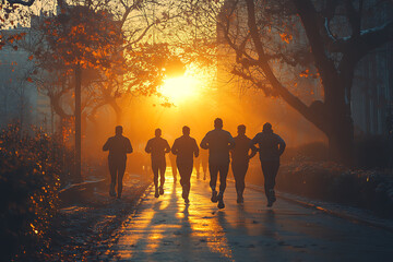 A group of friends jogging together in the morning, capturing a vibrant and energetic atmosphere, promoting an active and healthy lifestyle, perfect for motivational and inspiring content.
