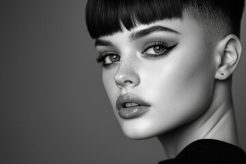 Fototapeta premium The woman gazes intensely with bold makeup, featuring defined eyes and glossy lips. Her contemporary bob haircut complements her confident expression