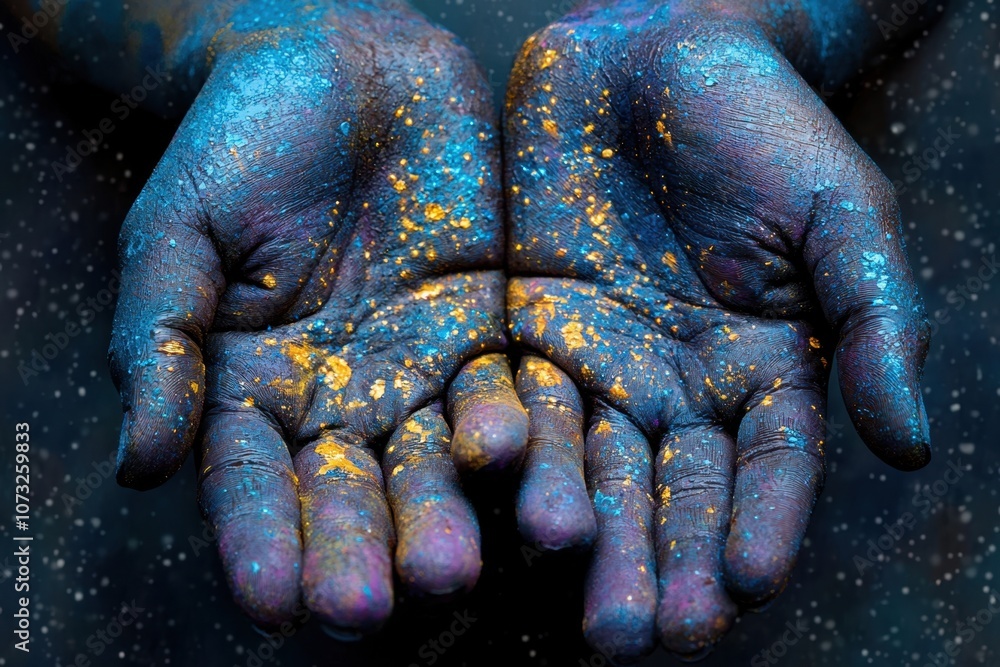 Poster two hands are extended forward, adorned with striking blue and gold paint, creating a captivating vi