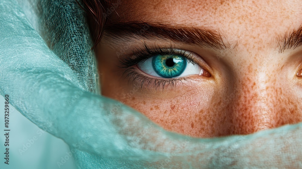 Poster this portrait features a striking blue eye peeking through sheer aqua fabric, creating an enigmatic 