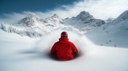 A lone skier in a vibrant red jacket takes in the expansive snowy mountain landscape, a pristine environment of untouched snow under a clear, crisp blue sky.