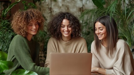Fototapeta na wymiar Three smiling women gathered around a laptop in a cozy environment filled with leafy green plants, symbolizing innovation, friendship, and the nurturing power of teamwork.