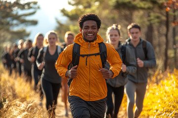 A group of friends jogging together in the morning, capturing a vibrant and energetic atmosphere, promoting an active and healthy lifestyle, perfect for motivational and inspiring content.
