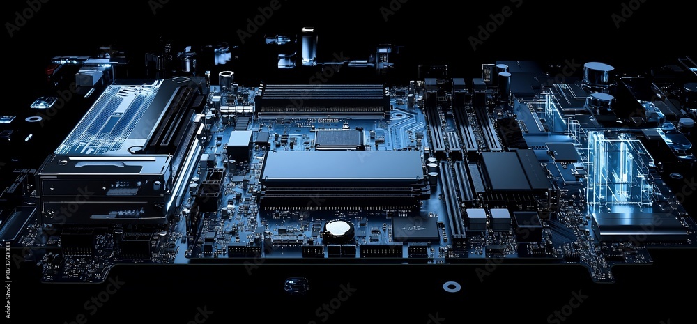 Aufkleber a close up of a computer motherboard with various components and connectors.