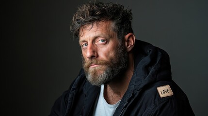 Fototapeta premium The photograph depicts a bearded man gazing pensively in a casual indoor setting, capturing a feeling of introspection and deep emotional thought.