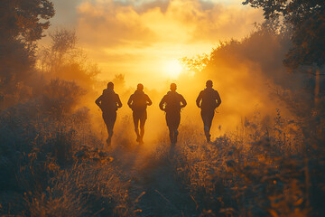 A group of friends jogging together in the morning, capturing a vibrant and energetic atmosphere, promoting an active and healthy lifestyle, perfect for motivational and inspiring content.
