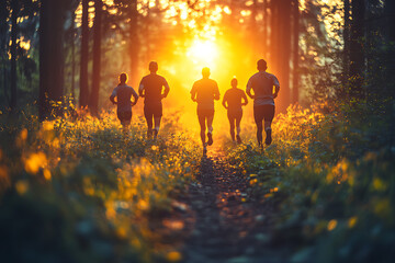 A group of friends jogging together in the morning, capturing a vibrant and energetic atmosphere, promoting an active and healthy lifestyle, perfect for motivational and inspiring content.
