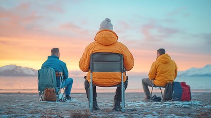 Fototapeta premium Capture tranquil moments three friends enjoy a sunset by the beach on their camping chairs