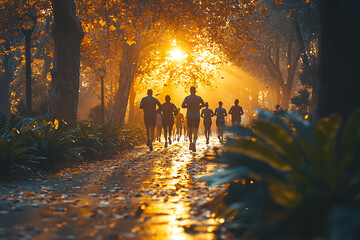 A group of friends jogging together in the morning, capturing a vibrant and energetic atmosphere, promoting an active and healthy lifestyle, perfect for motivational and inspiring content.
