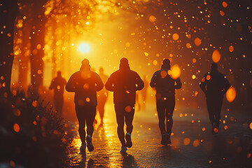 A group of friends jogging together in the morning, capturing a vibrant and energetic atmosphere, promoting an active and healthy lifestyle, perfect for motivational and inspiring content.

