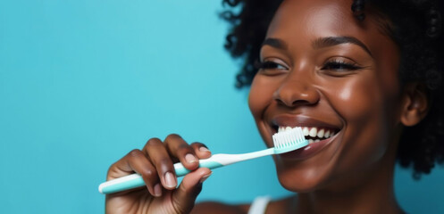 Smiling young woman dental banner care. African American girl with tooth brush Concept dental care, dentistry with space for text.