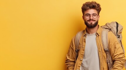 Fototapeta premium A modern young man with curly hair, glasses, and a backpack smiles against a vibrant yellow wall, representing cheerful adventure and stylish simplicity.