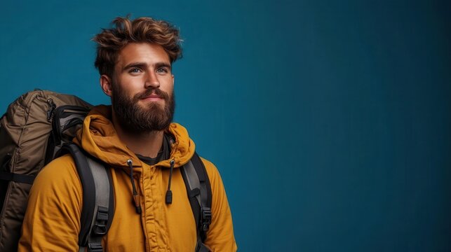 A man with a beard and a backpack stands against an intense blue background, creating a striking image of adventure and exploration in modern times.