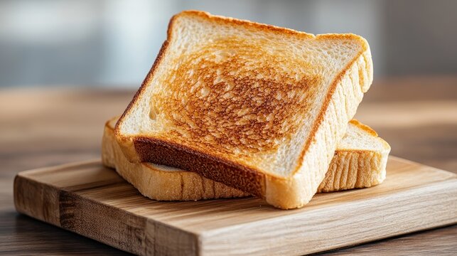 Two slices of perfectly toasted bread are stacked on a wooden cutting board with a golden-brown crust, showcasing a simple yet delicious breakfast staple.
