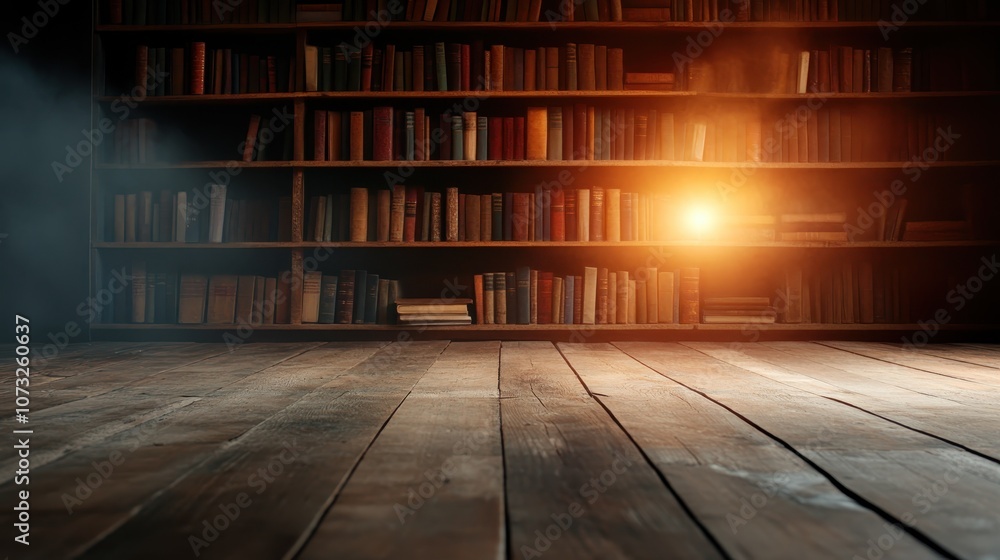 Poster an atmospheric view of library shelves densely packed with vintage books illuminated by a warm beam 