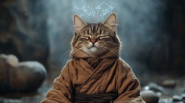 A mystical cat sits in meditation wearing a robe, an aura emanating around it, embodying the peace and wisdom of ancient spiritual practices.