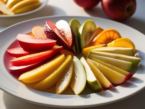 Creative display of apple varieties sliced in gradient from red to yellow arranged in radial sunburst pattern. Color spectrum presentation, fruit art, culinary creativity, visual nutrition concept.