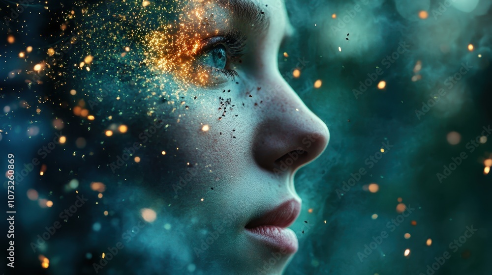 Poster a close-up of a person's face partially covered in glowing sparkles, creating a mystical and vibrant