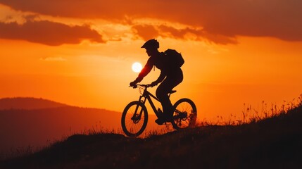 Obraz premium Dramatic silhouette of a mountain biker at sunset on a ridge, orange sky, capturing motion and adventure