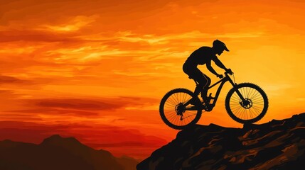 Dramatic silhouette of a mountain biker at sunset on a ridge, orange sky, capturing motion and adventure