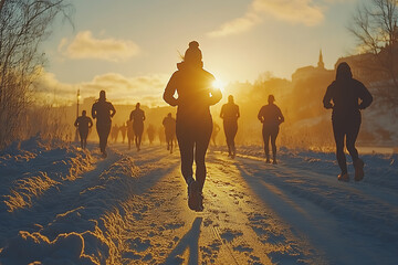 A group of friends jogging together in the morning, capturing a vibrant and energetic atmosphere, promoting an active and healthy lifestyle, perfect for motivational and inspiring content.
