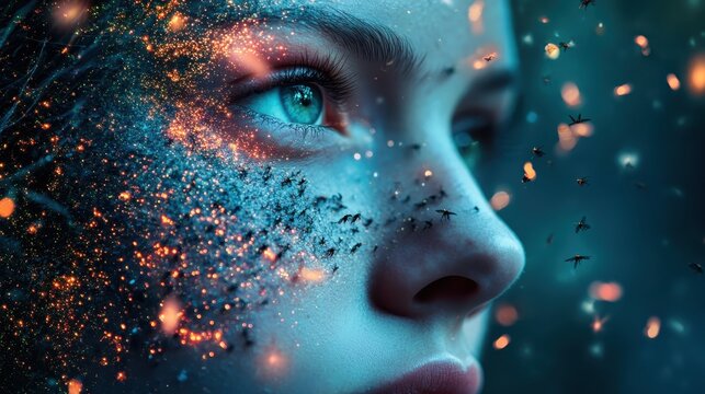 An abstract face design showcases bright and colorful mystical patterns, symbolizing the intersection of human emotion, creativity, and abstract forms.
