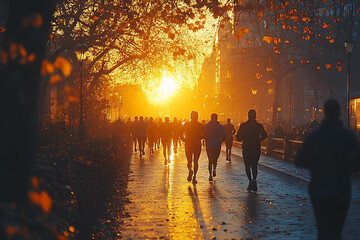 A group of friends jogging together in the morning, capturing a vibrant and energetic atmosphere, promoting an active and healthy lifestyle, perfect for motivational and inspiring content.
