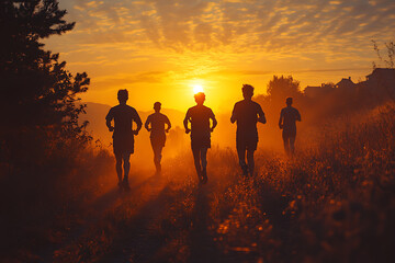 A group of friends jogging together in the morning, capturing a vibrant and energetic atmosphere, promoting an active and healthy lifestyle, perfect for motivational and inspiring content.
