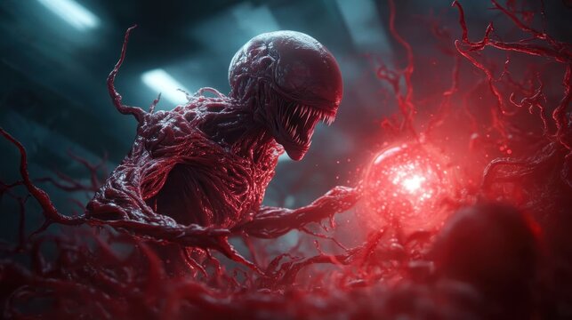 A dark entity with sharp teeth and menacing eyes grips a glowing sphere, surrounded by twisted tendrils, creating a foreboding and intense visual experience.