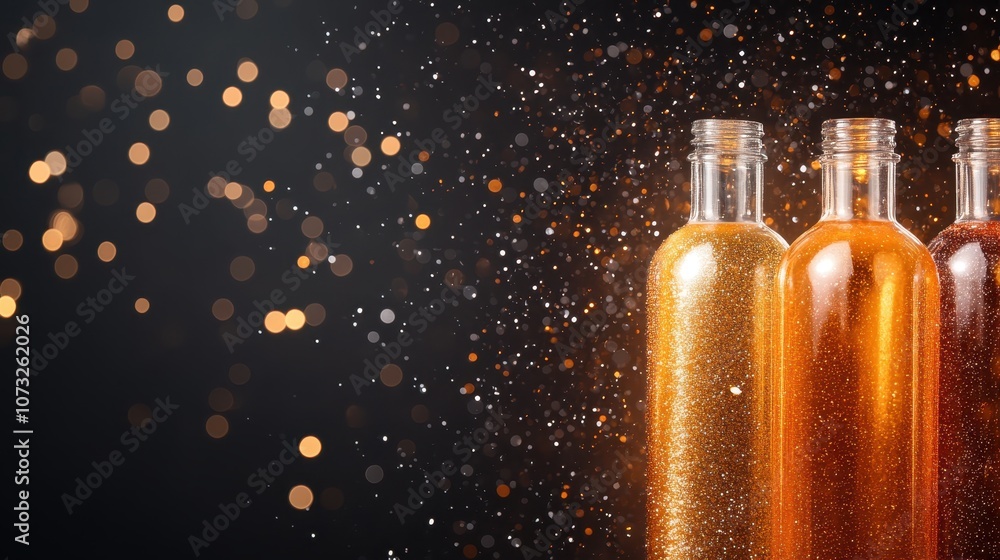 Poster three vibrant bottles filled with shimmering liquid, exuding a dazzling sparkle, standing upright as